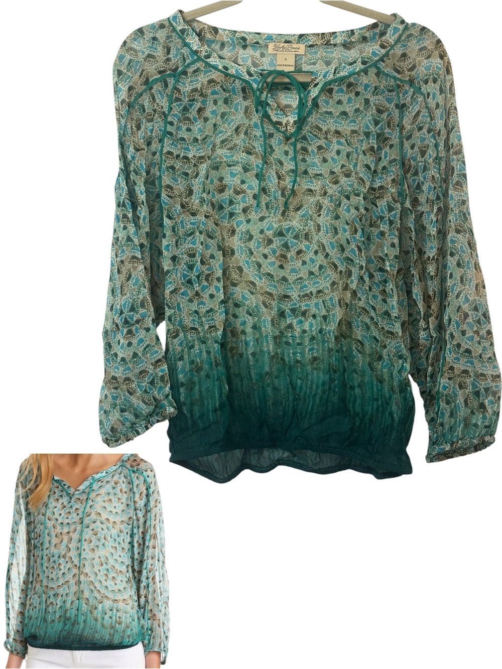 Lucky Brand Sheer Tunic Teal Green Praisley Peasant Top Long Sleeve Boho Sz S